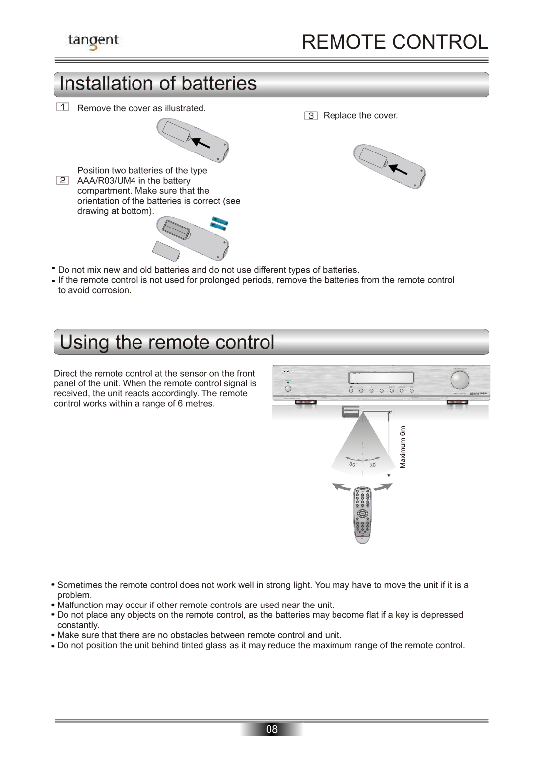 Tangent DAB-50 operation manual Remote Control, Installation of batteries, Using the remote control 