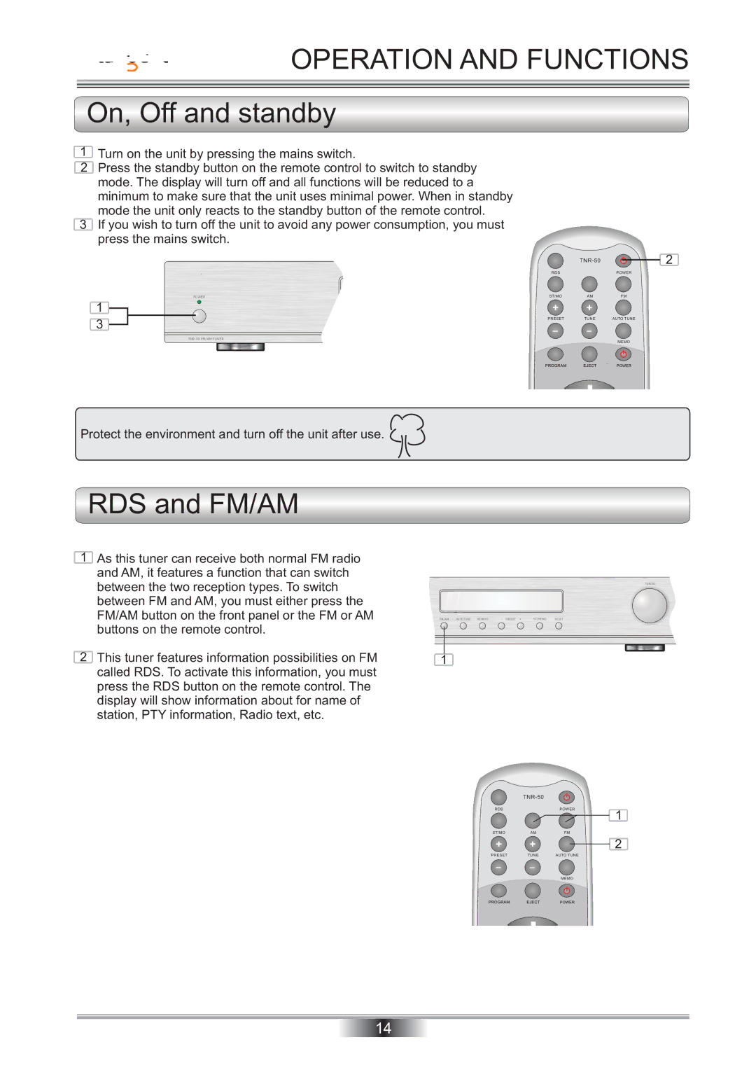 Tangent TNR-50 instruction manual Operation and Functions, On, Off and standby, RDS and FM/AM 