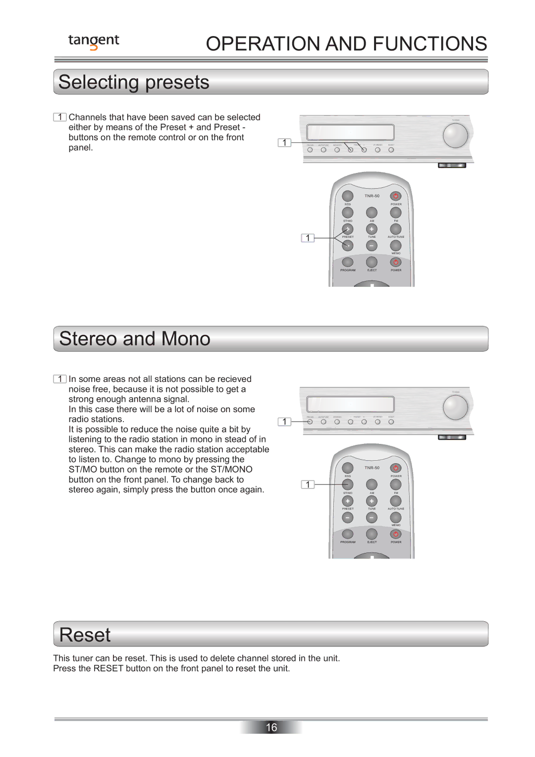 Tangent TNR-50 instruction manual Selecting presets, Stereo and Mono, Reset 