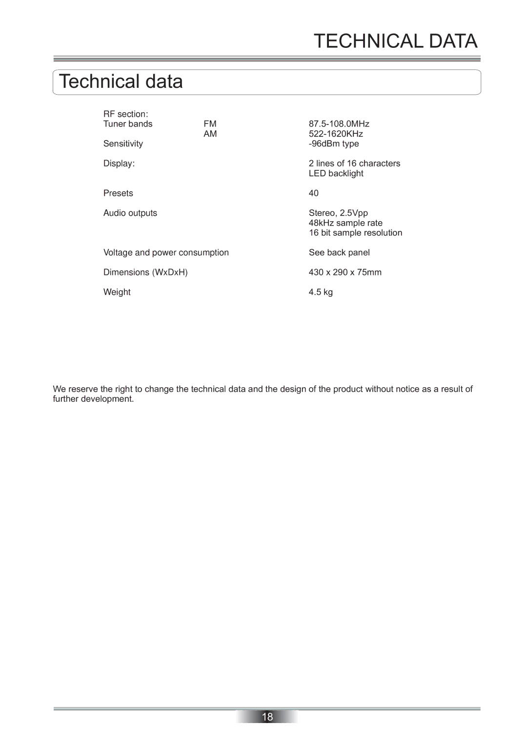 Tangent TNR-50 instruction manual Technical Data, Technical data 