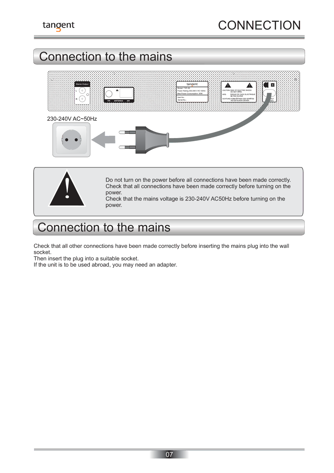 Tangent TNR-50 instruction manual Connection to the mains 