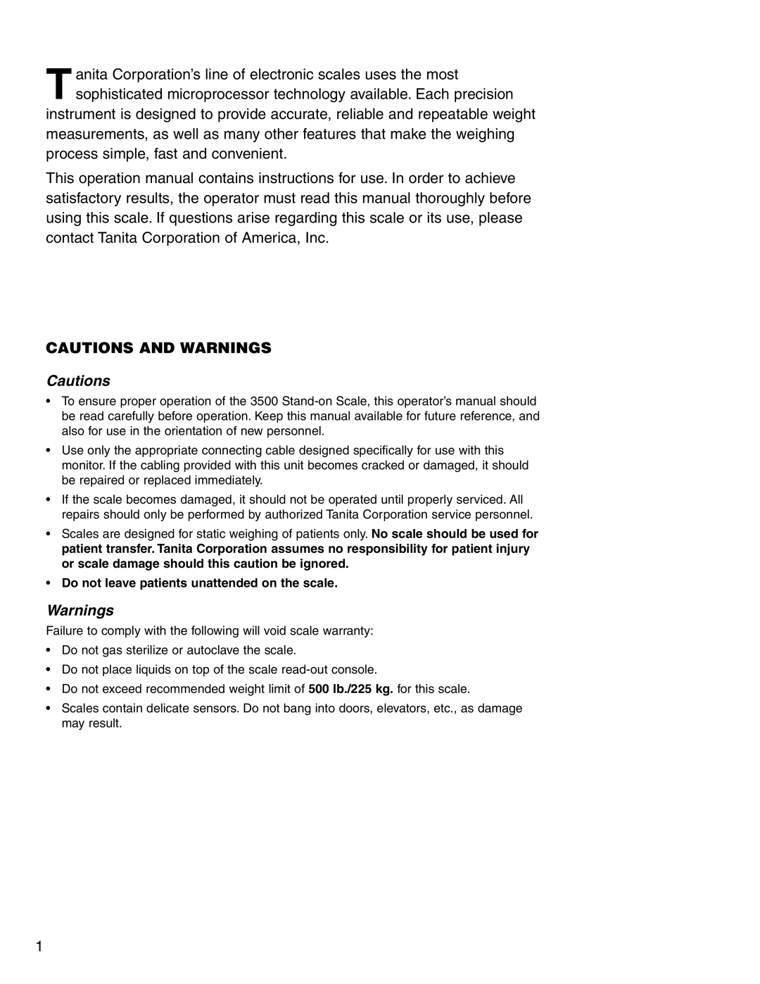 Tanita 3500 specifications Do not leave patients unattended on the scale 