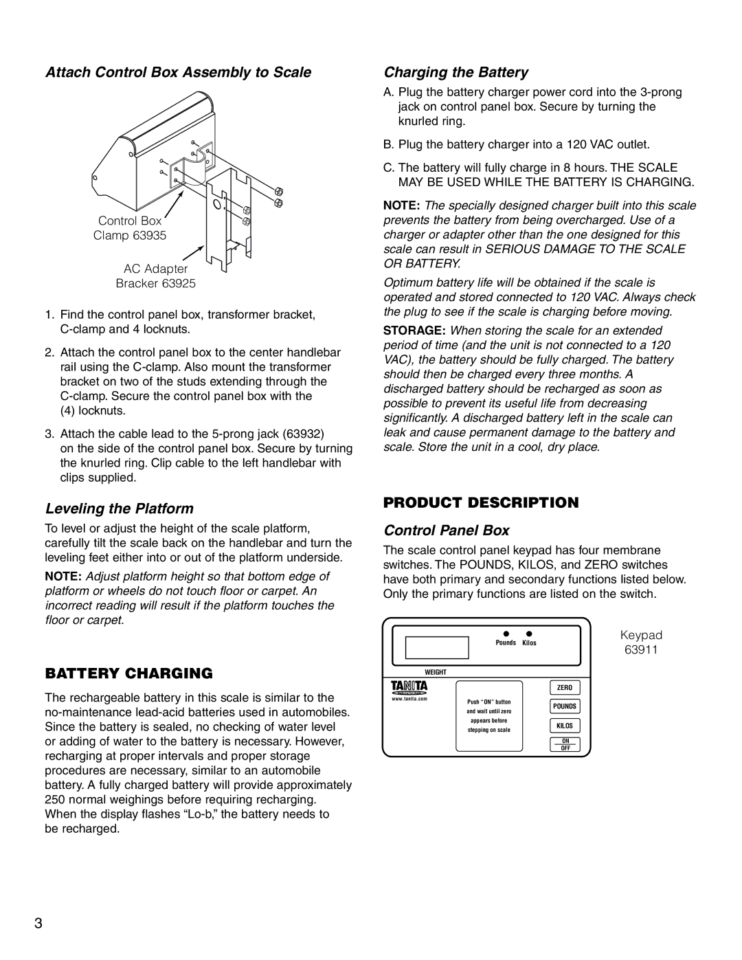 Tanita 3500 Attach Control Box Assembly to Scale, Leveling the Platform, Charging the Battery, Control Panel Box 