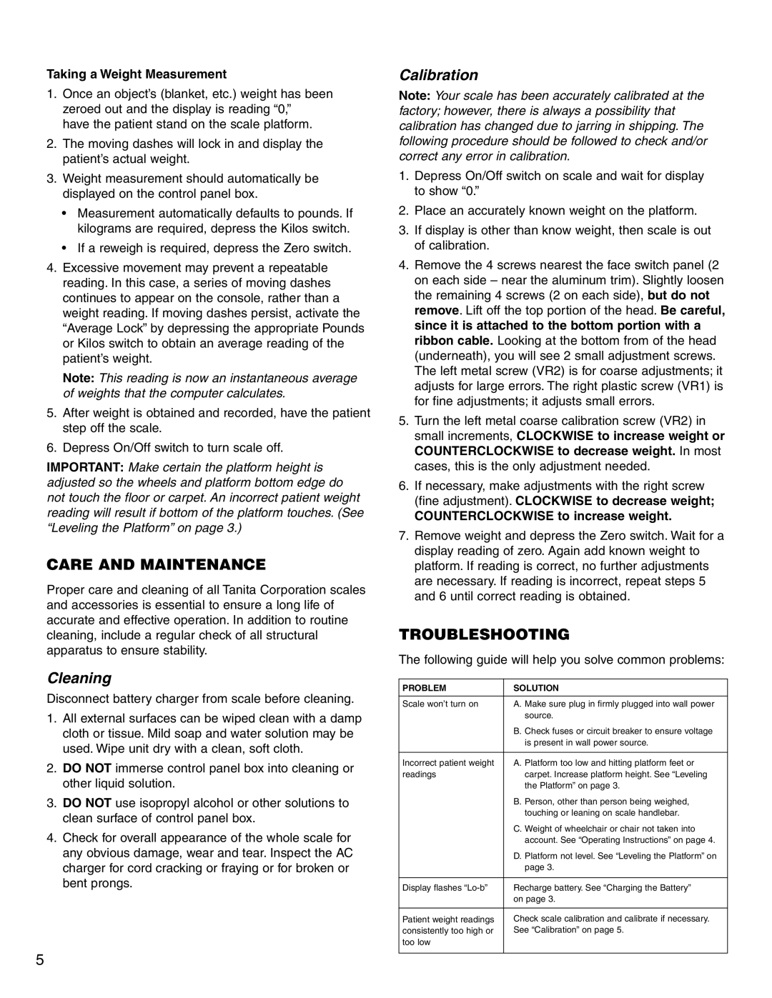 Tanita 3500 specifications Care and Maintenance, Cleaning, Calibration, Troubleshooting 