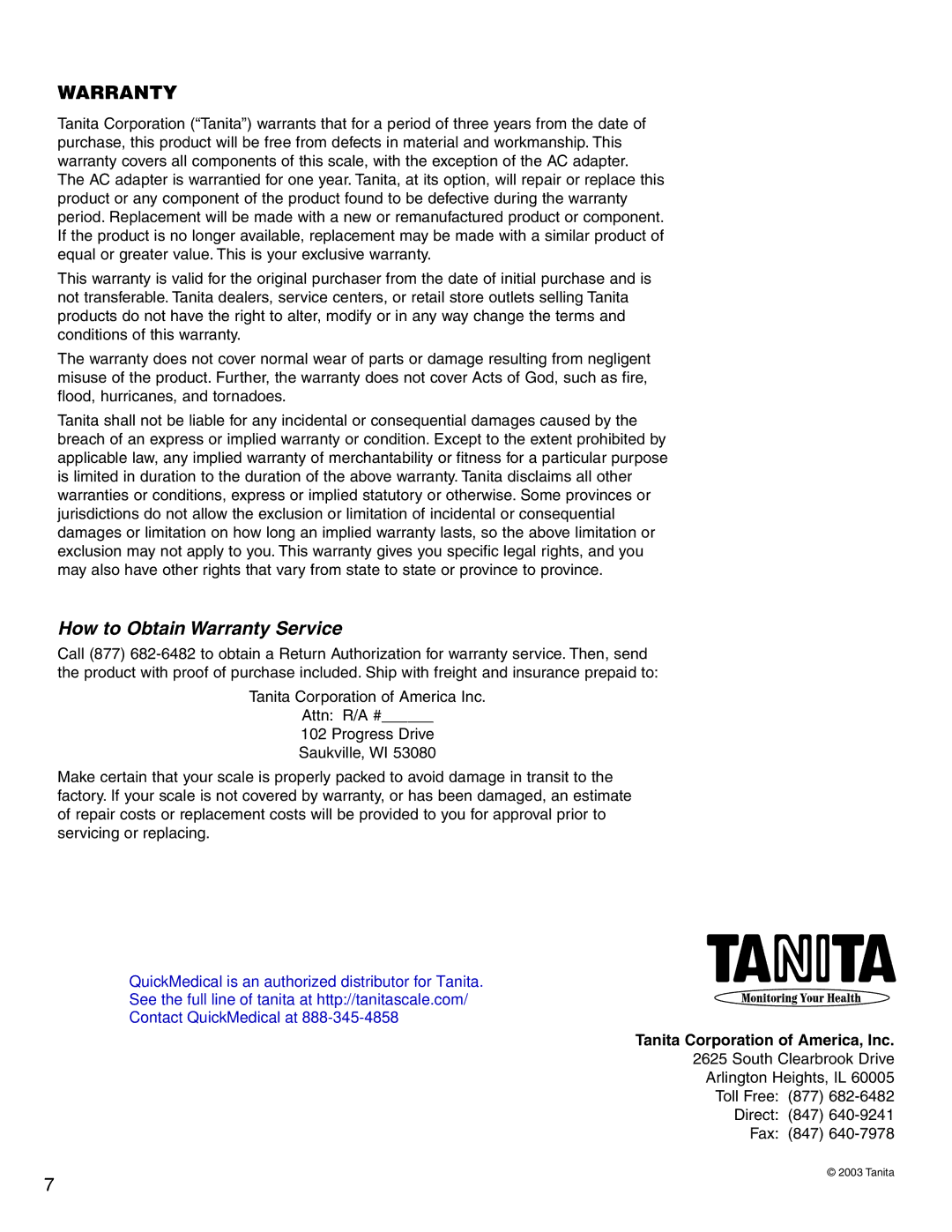 Tanita 3500 specifications How to Obtain Warranty Service, Tanita Corporation of America, Inc 