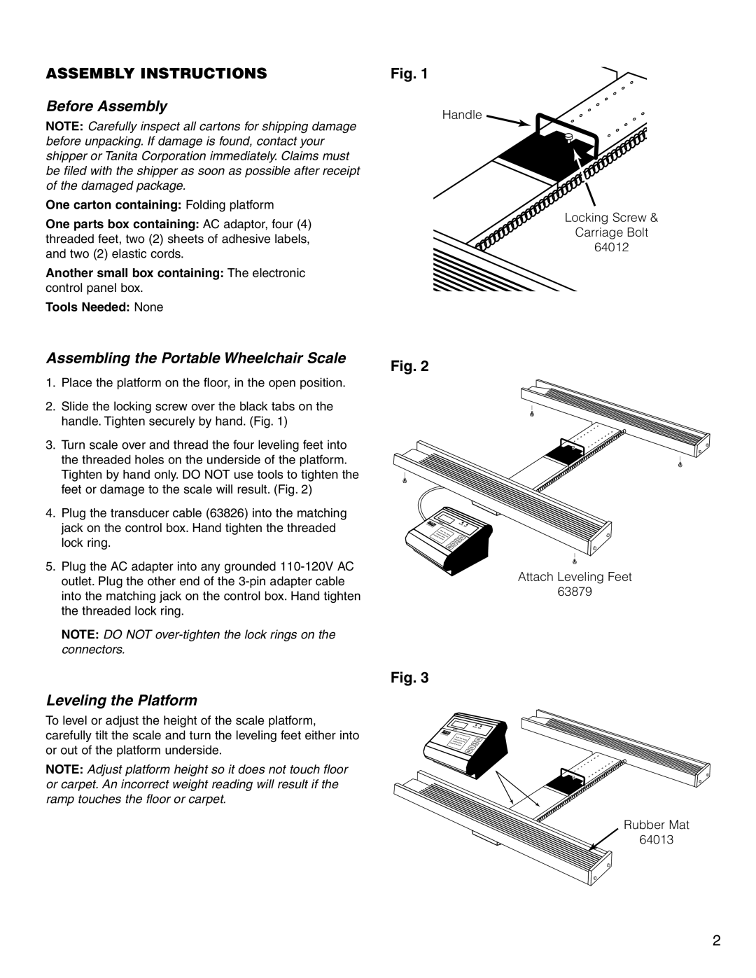 Tanita 4521 Assembly Instructions, Before Assembly, Assembling the Portable Wheelchair Scale, Leveling the Platform 