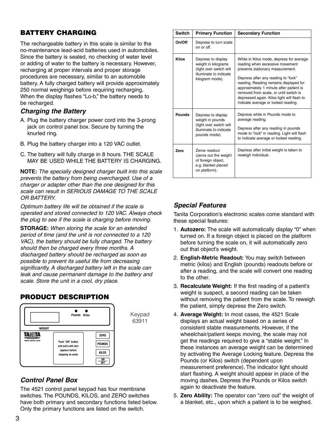 Tanita 4521 specifications Battery Charging, Charging the Battery, Product Description, Special Features, Control Panel Box 