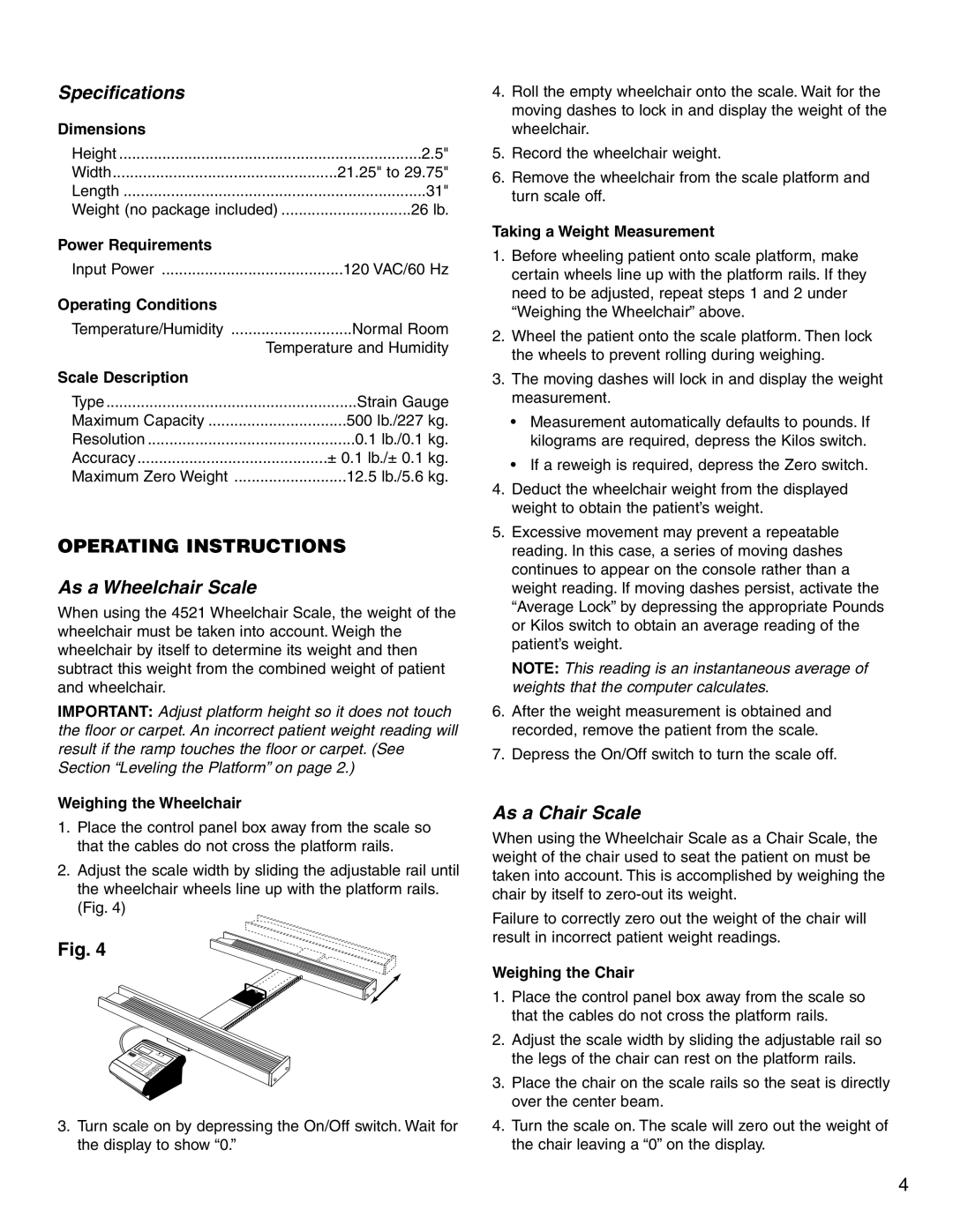 Tanita 4521 specifications Specifications, Operating Instructions, As a Wheelchair Scale, As a Chair Scale 