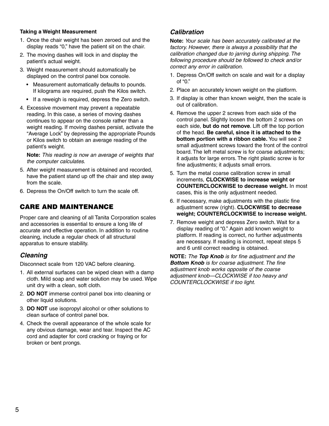 Tanita 4521 specifications Care and Maintenance, Cleaning, Calibration 