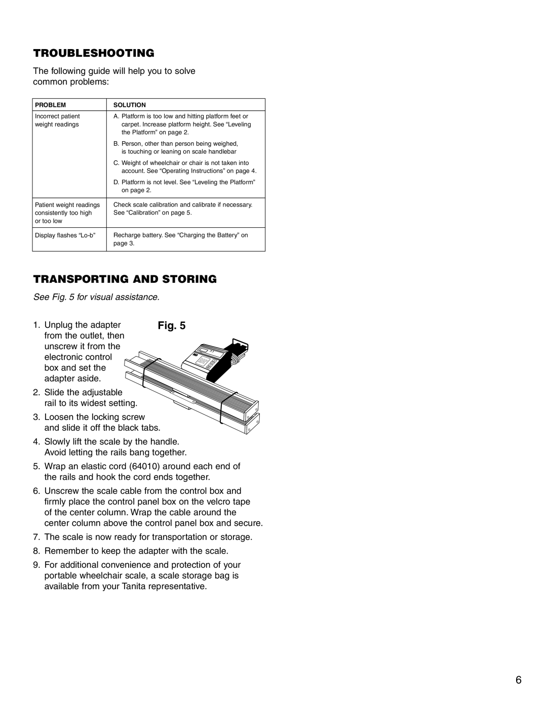 Tanita 4521 Troubleshooting, Transporting and Storing, Following guide will help you to solve common problems 