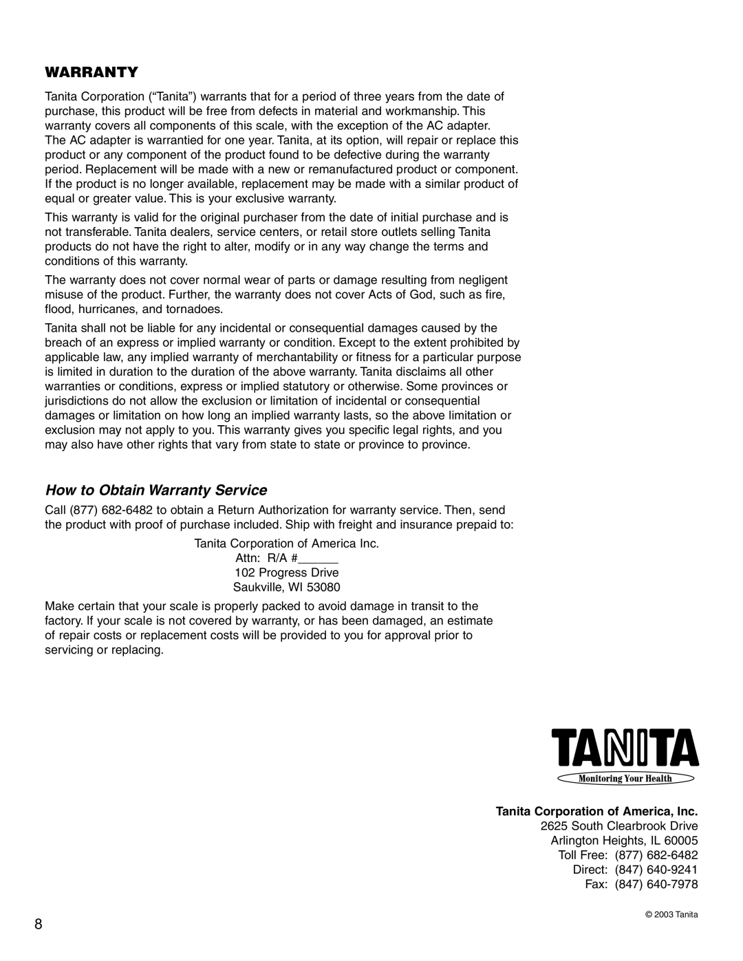 Tanita 4521 specifications How to Obtain Warranty Service, Tanita Corporation of America, Inc 