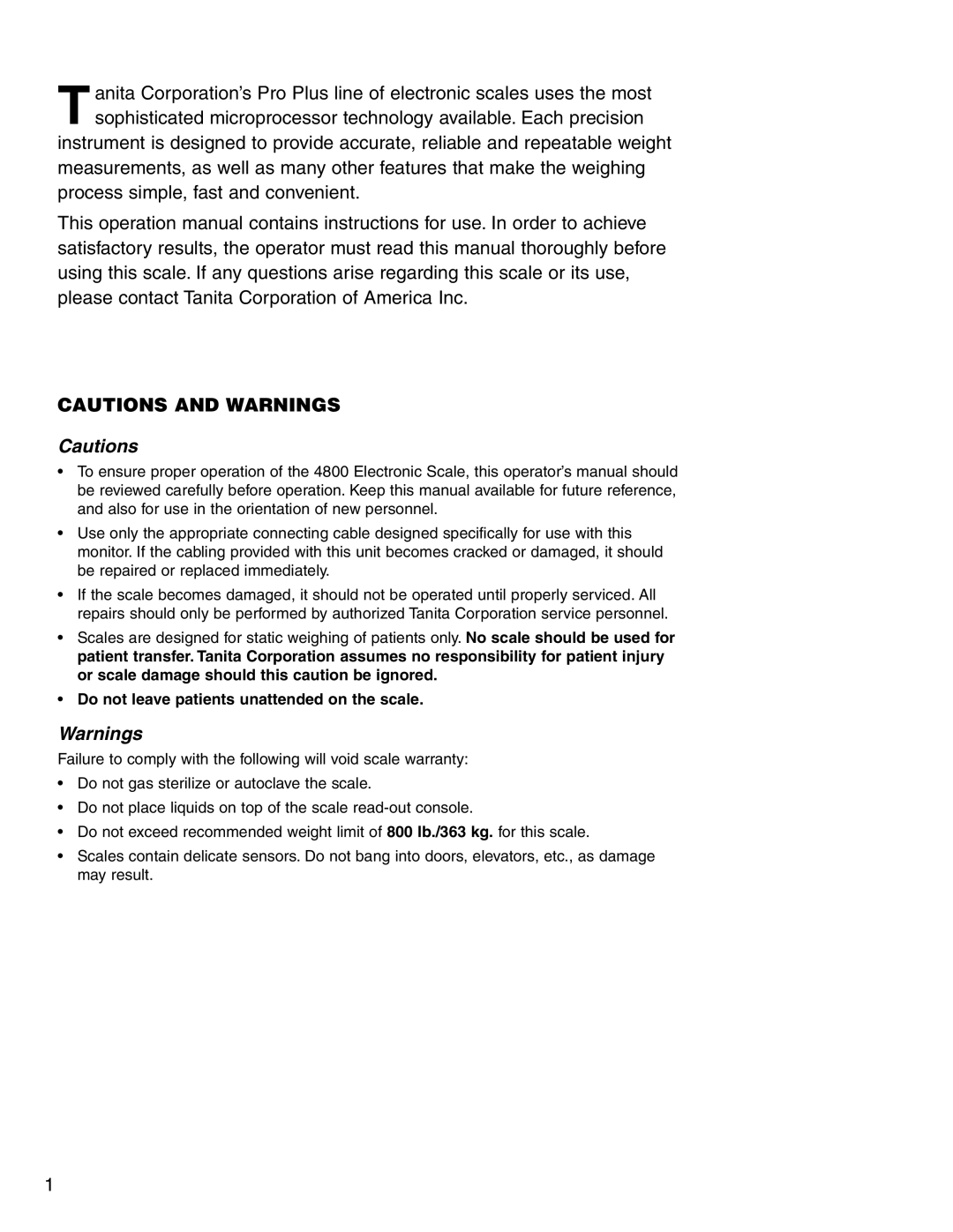 Tanita 4800 specifications Do not leave patients unattended on the scale 