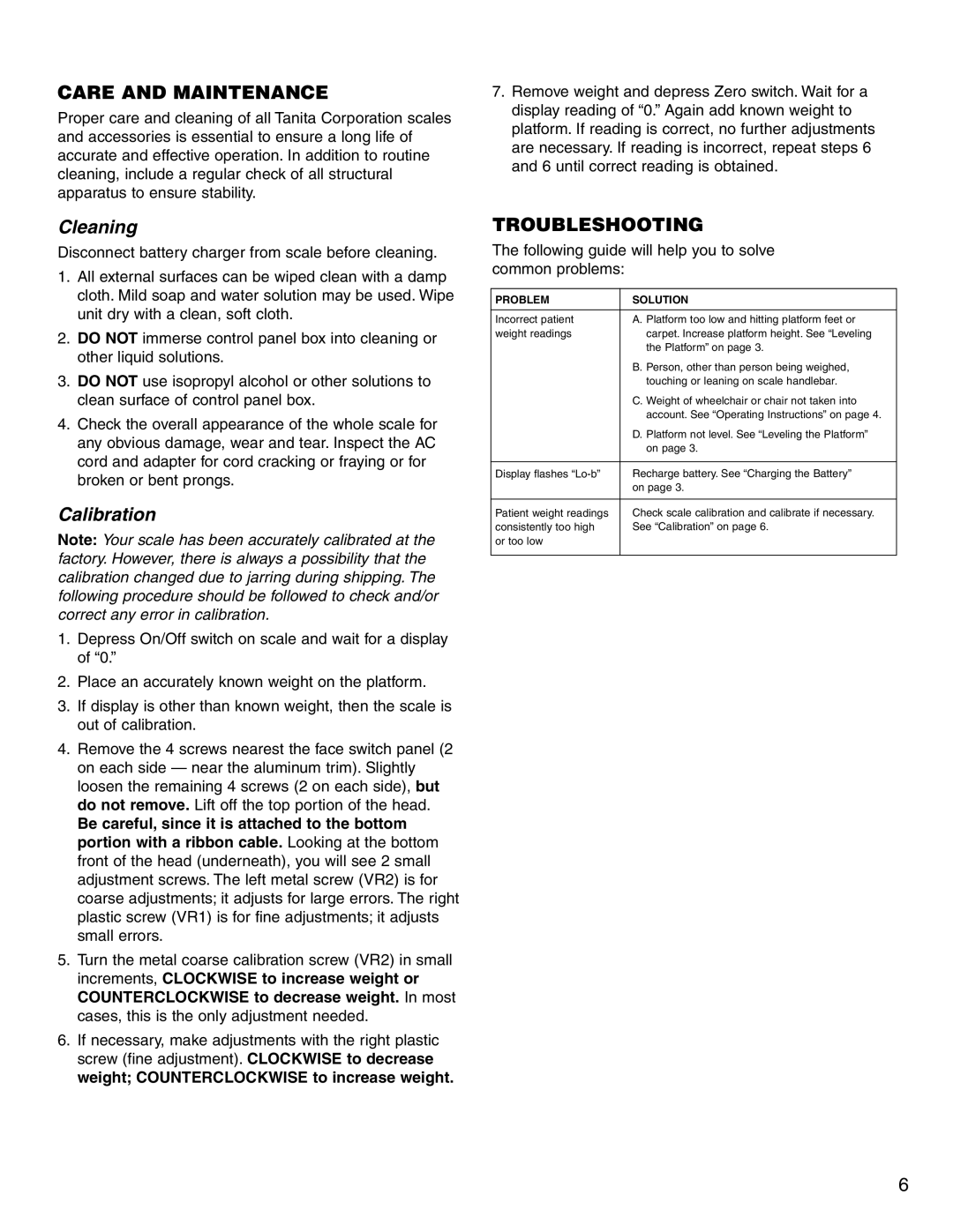 Tanita 4800 specifications Care and Maintenance, Cleaning, Calibration, Troubleshooting 