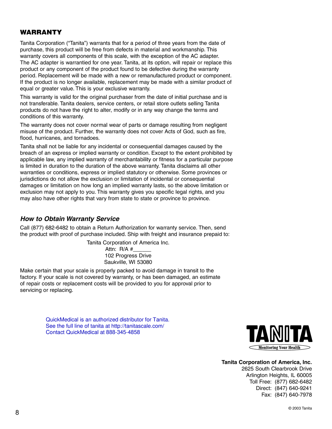 Tanita 4800 specifications How to Obtain Warranty Service, Tanita Corporation of America, Inc 