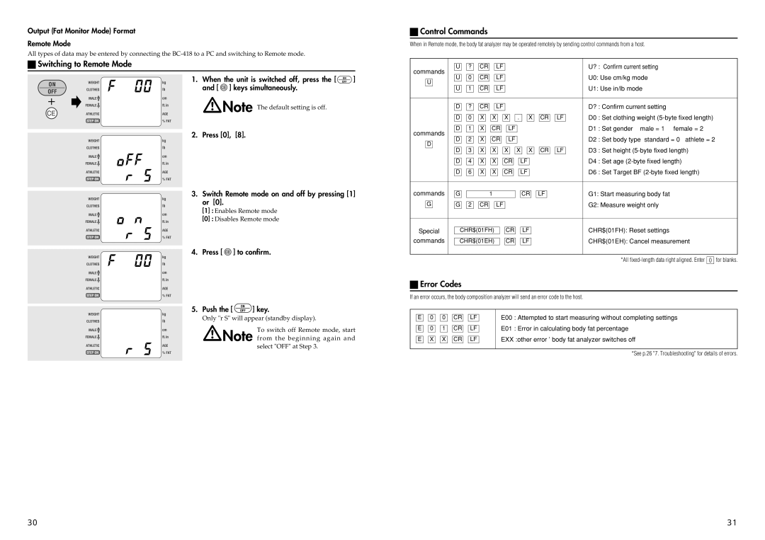 Tanita BC-41 instruction manual Switching to Remote Mode, Control Commands, Error Codes 