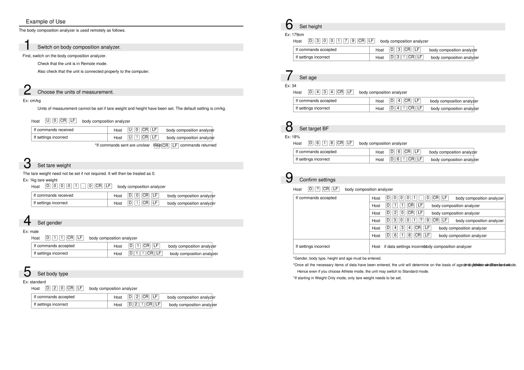 Tanita BC-41 instruction manual Example of Use, Switch on body composition analyzer, Set tare weight, Set gender 