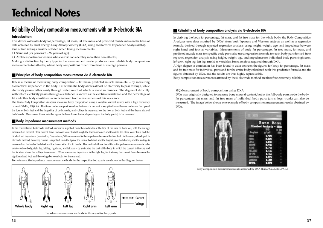 Tanita BC-41 instruction manual Introduction, Body impedance measurement methods, Current, Voltage 