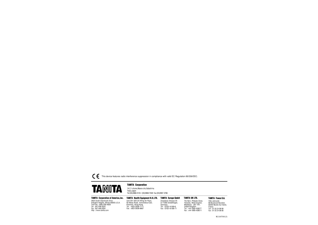 Tanita BC-41 instruction manual Kowloon, Hong Kong 