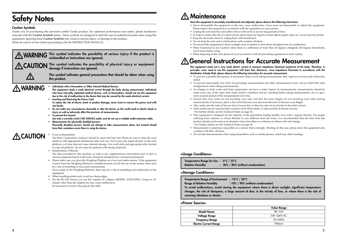 Tanita BC-41 instruction manual Safety Notes, Usage Conditions, Storage Conditions, Power Source 