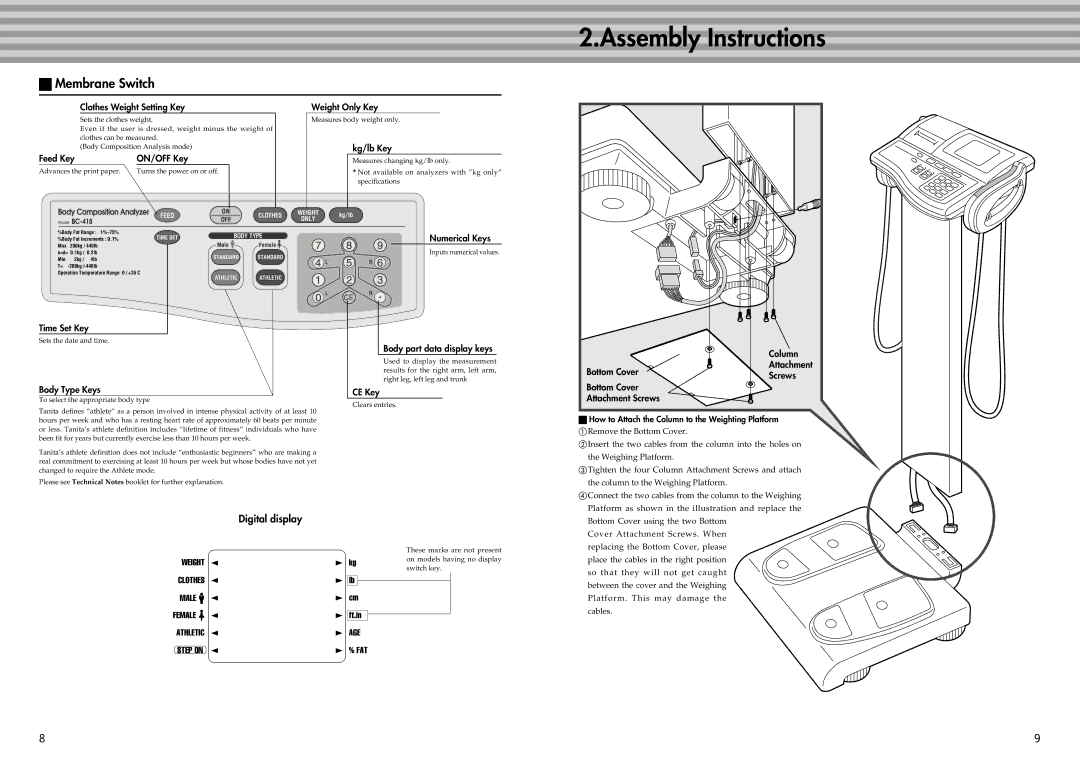 Tanita BC-41 instruction manual Assembly Instructions, Membrane Switch, Digital display 