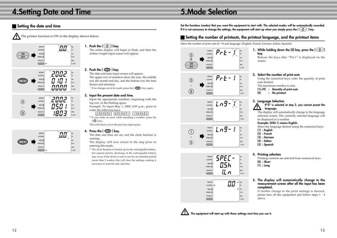 Tanita BC-41 instruction manual Setting Date and Time, Mode Selection, Setting the date and time 