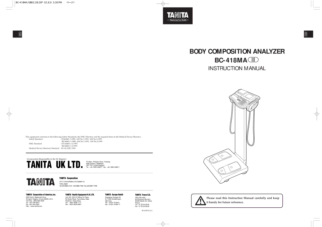 Tanita instruction manual Body Composition Analyzer BC-418MA 