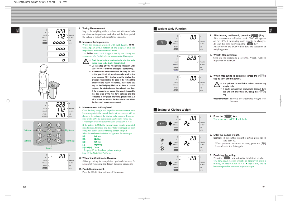 Tanita BC-418MA instruction manual Setting of Clothes Weight 