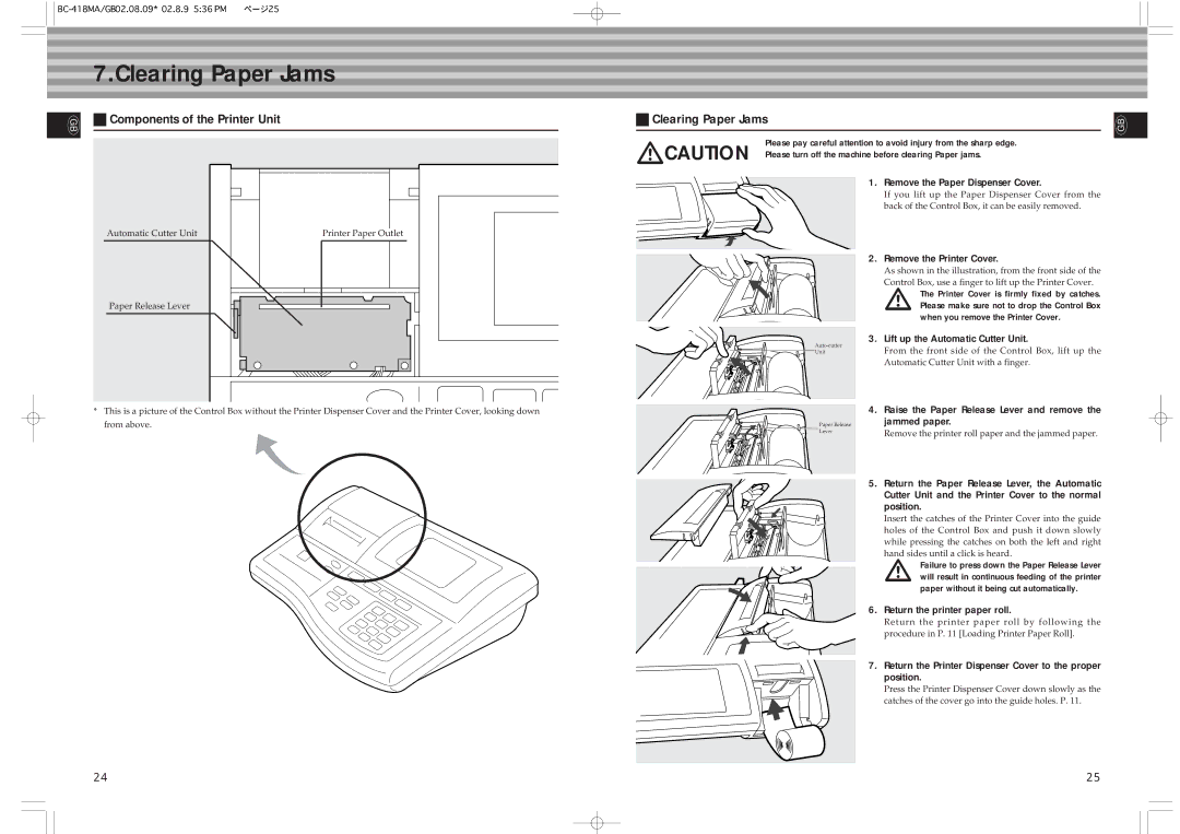 Tanita BC-418MA instruction manual Components of the Printer Unit Clearing Paper Jams 