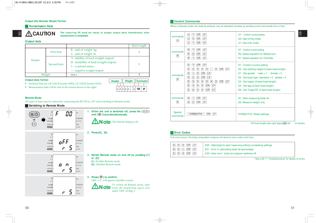 Tanita BC-418MA instruction manual Transmission Data, Output data, Switching to Remote Mode, Control Commands, Error Codes 