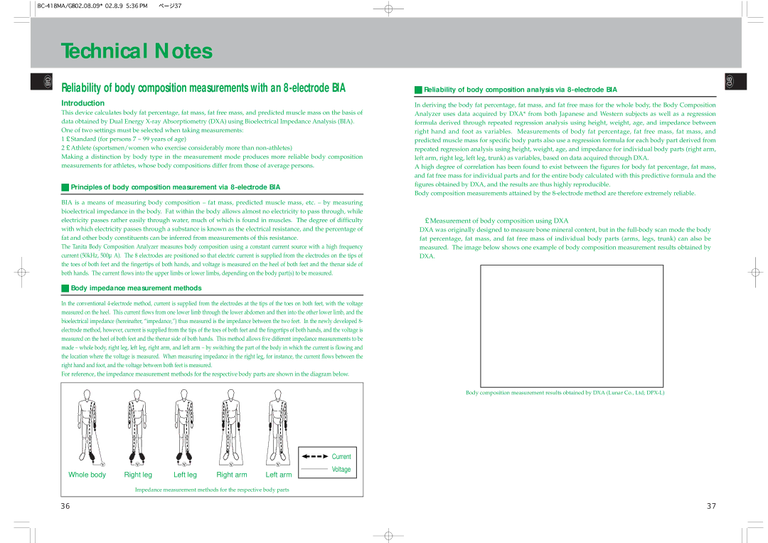 Tanita BC-418MA instruction manual Body impedance measurement methods, Current, Voltage 