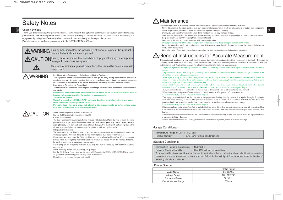 Tanita BC-418MA instruction manual Safety Notes, Usage Conditions, Storage Conditions, Power Source 