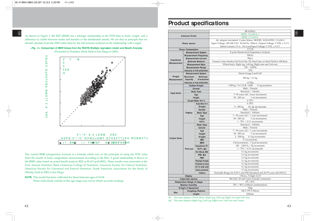 Tanita BC-418MA instruction manual Product specifications, Ree→Bmr 