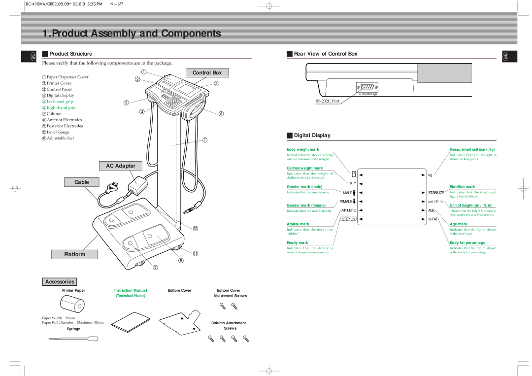 Tanita BC-418MA instruction manual Product Assembly and Components 