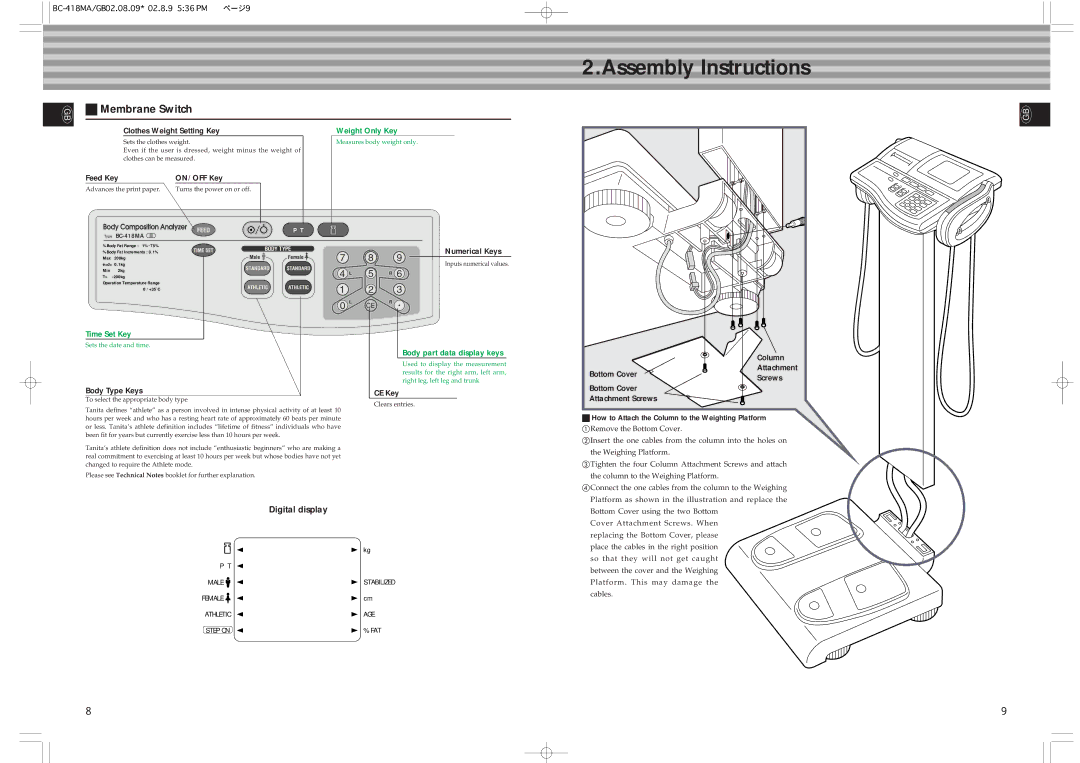 Tanita BC-418MA instruction manual Assembly Instructions, Membrane Switch, Digital display 