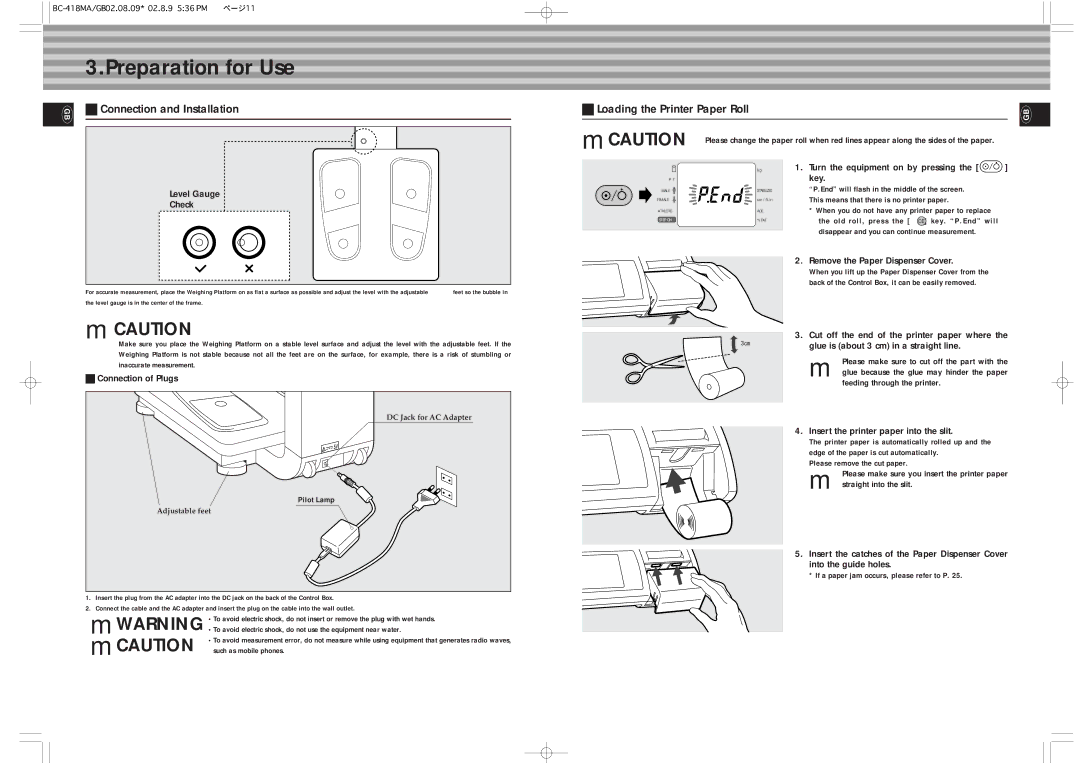 Tanita BC-418MA instruction manual Preparation for Use, Loading the Printer Paper Roll 