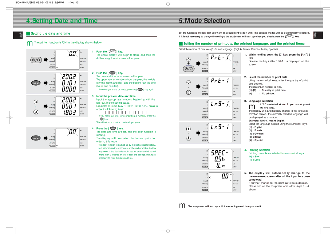 Tanita BC-418MA instruction manual Mode Selection 