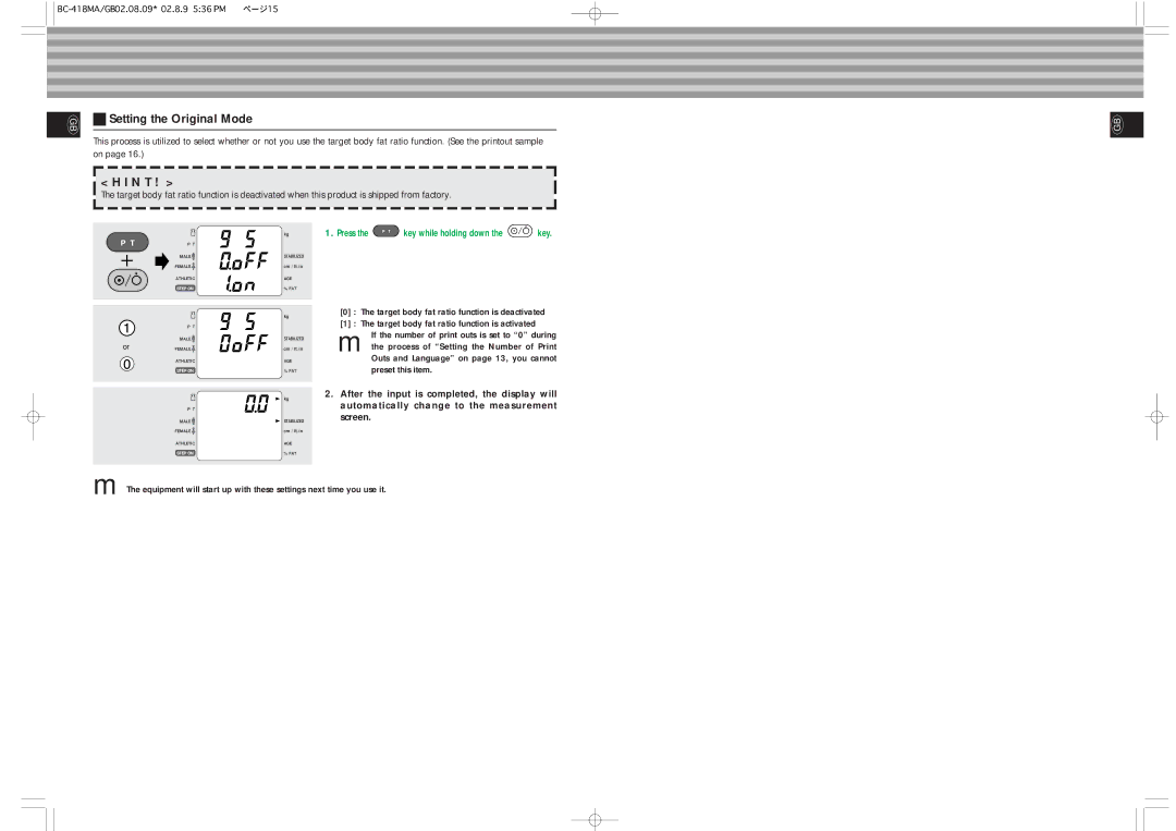 Tanita BC-418MA instruction manual Setting the Original Mode, N T 