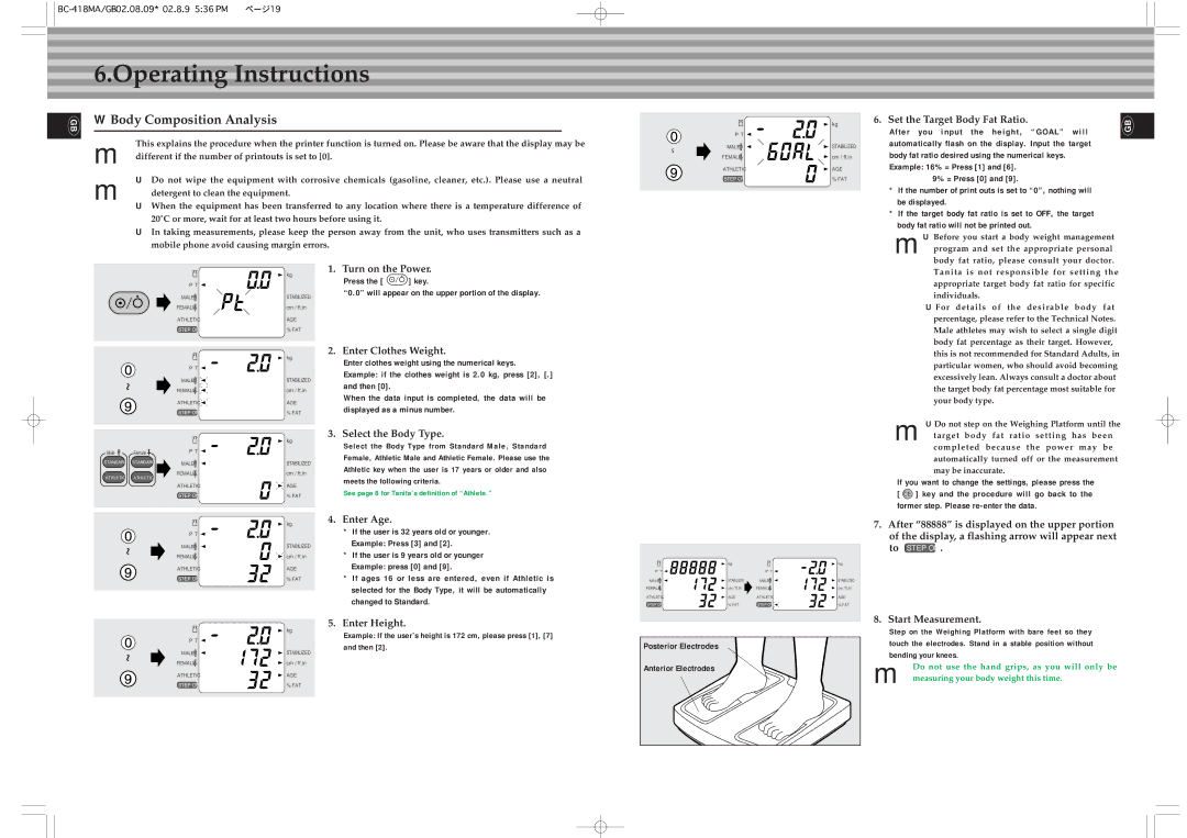 Tanita BC-418MA instruction manual Operating Instructions, Body Composition Analysis 