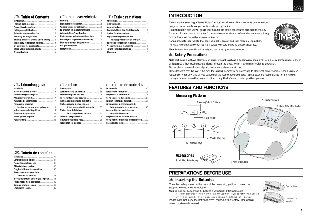 Tanita BC-530 Introduction, Features and Functions Preparations Before USE, Safety Precautions, Inserting the Batteries 