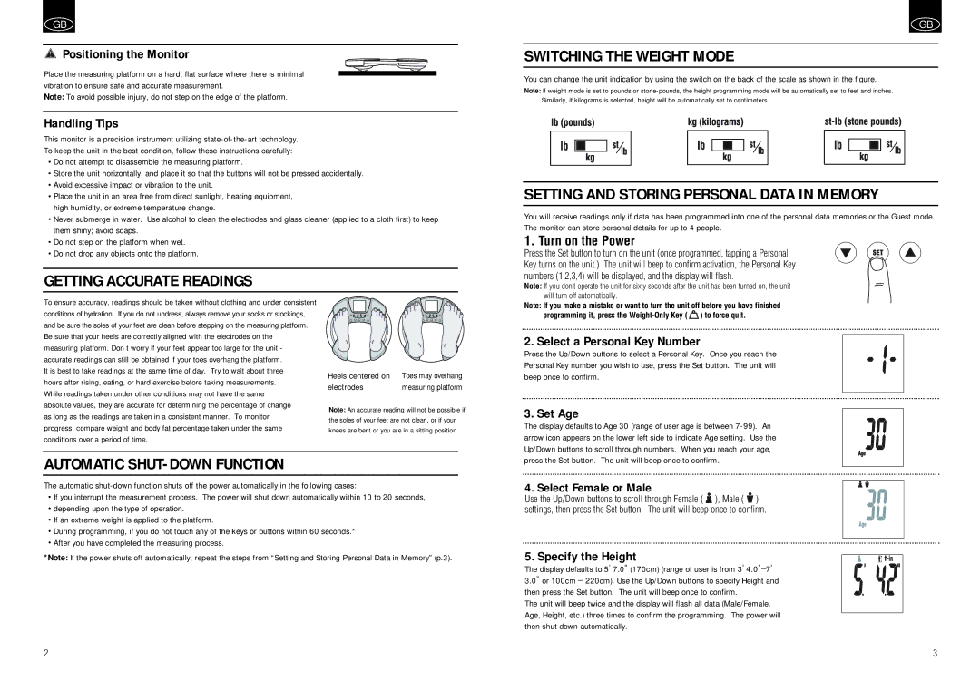 Tanita BC-530 Getting Accurate Readings Switching the Weight Mode, Setting and Storing Personal Data in Memory 