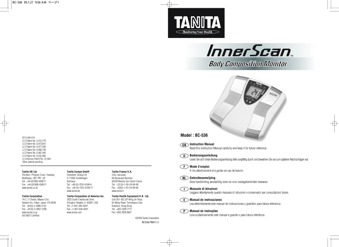 Tanita instruction manual Model BC-536, BC-536 05.1.27 956 AM ページ1 