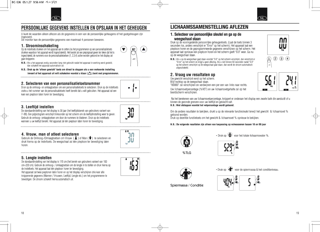 Tanita BC-536 instruction manual Lichaamssamenstelling Aflezen, Vraag uw resultaten op 