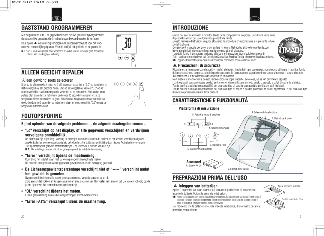 Tanita BC-536 Gaststand Orogrammeren, Alleen Geeicht Bepalen, Foutopsporing, Introduzione, Preparazioni Prima Delluso 