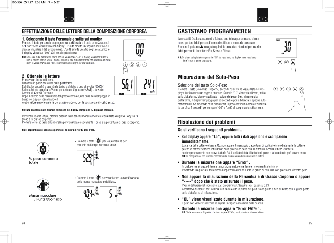 Tanita BC-536 instruction manual Gaststand Programmeren, Ottenete le letture 