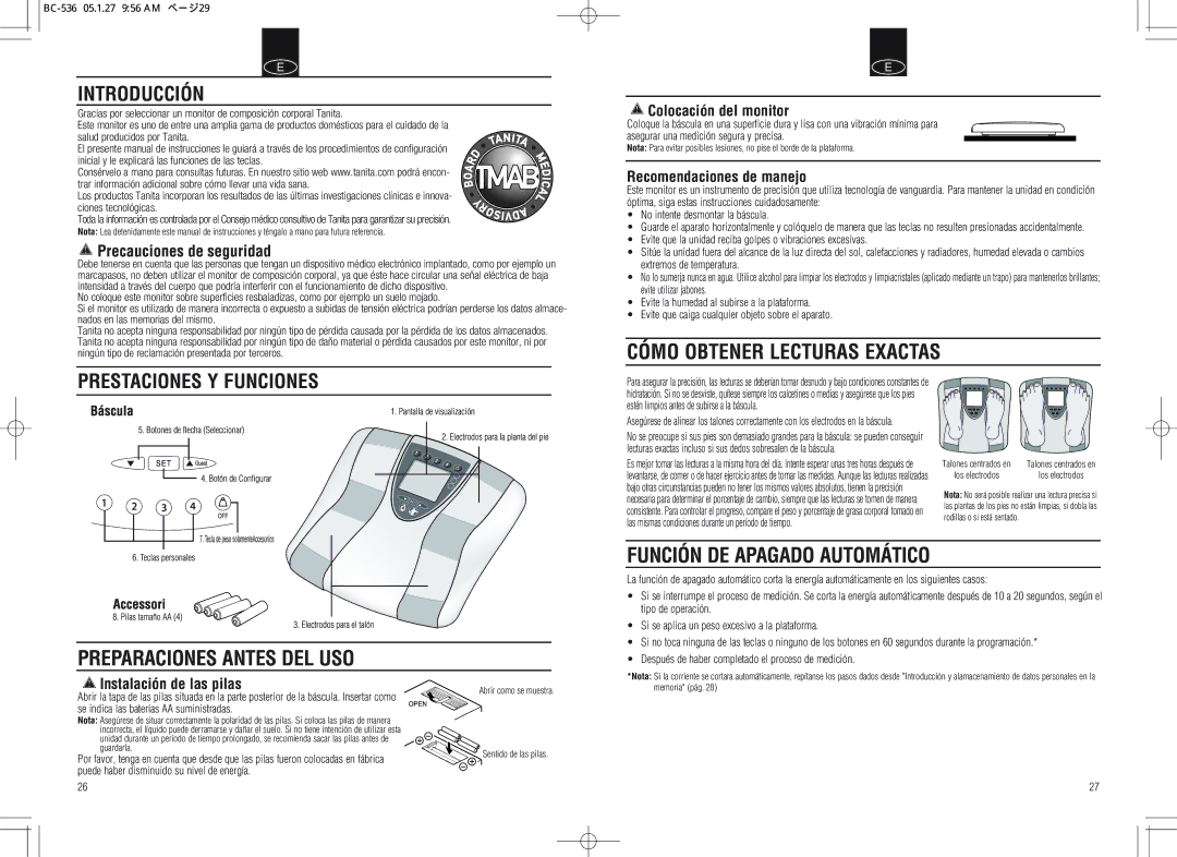 Tanita BC-536 Cómo Obtener Lecturas Exactas, Preparaciones Antes DEL USO Función DE Apagado Automático, Introducción 