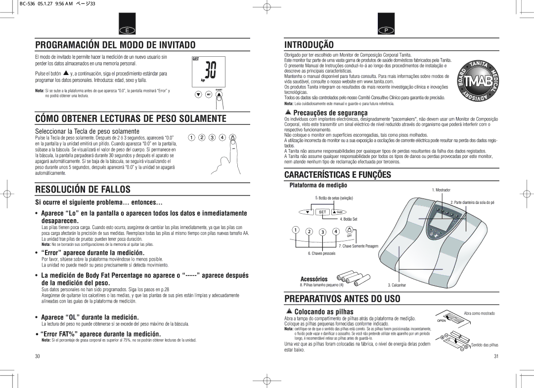 Tanita BC-536 Programación DEL Modo DE Invitado, Cómo Obtener Lecturas DE Peso Solamente, Resolución DE Fallos, Introdução 