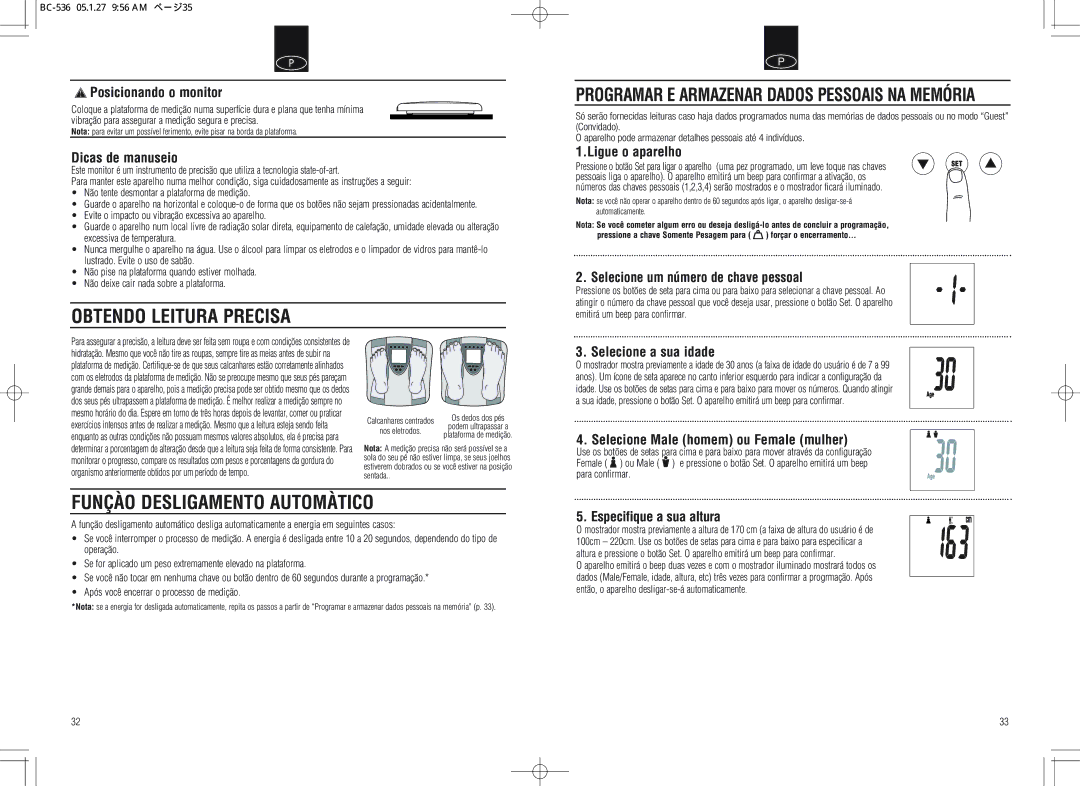 Tanita BC-536 instruction manual Obtendo Leitura Precisa, Funçào Desligamento Automàtico 