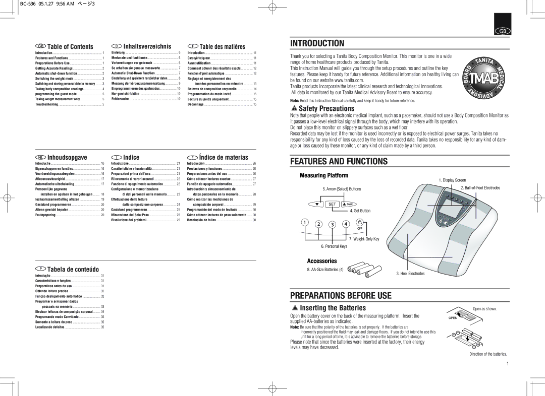 Tanita BC-536 Introduction, Features and Functions Preparations Before USE, Safety Precautions, Inserting the Batteries 