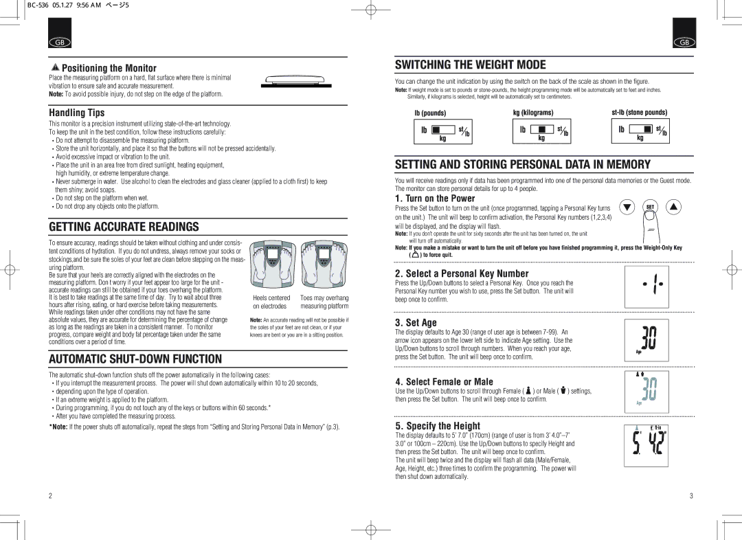 Tanita BC-536 Getting Accurate Readings Switching the Weight Mode, Setting and Storing Personal Data in Memory 