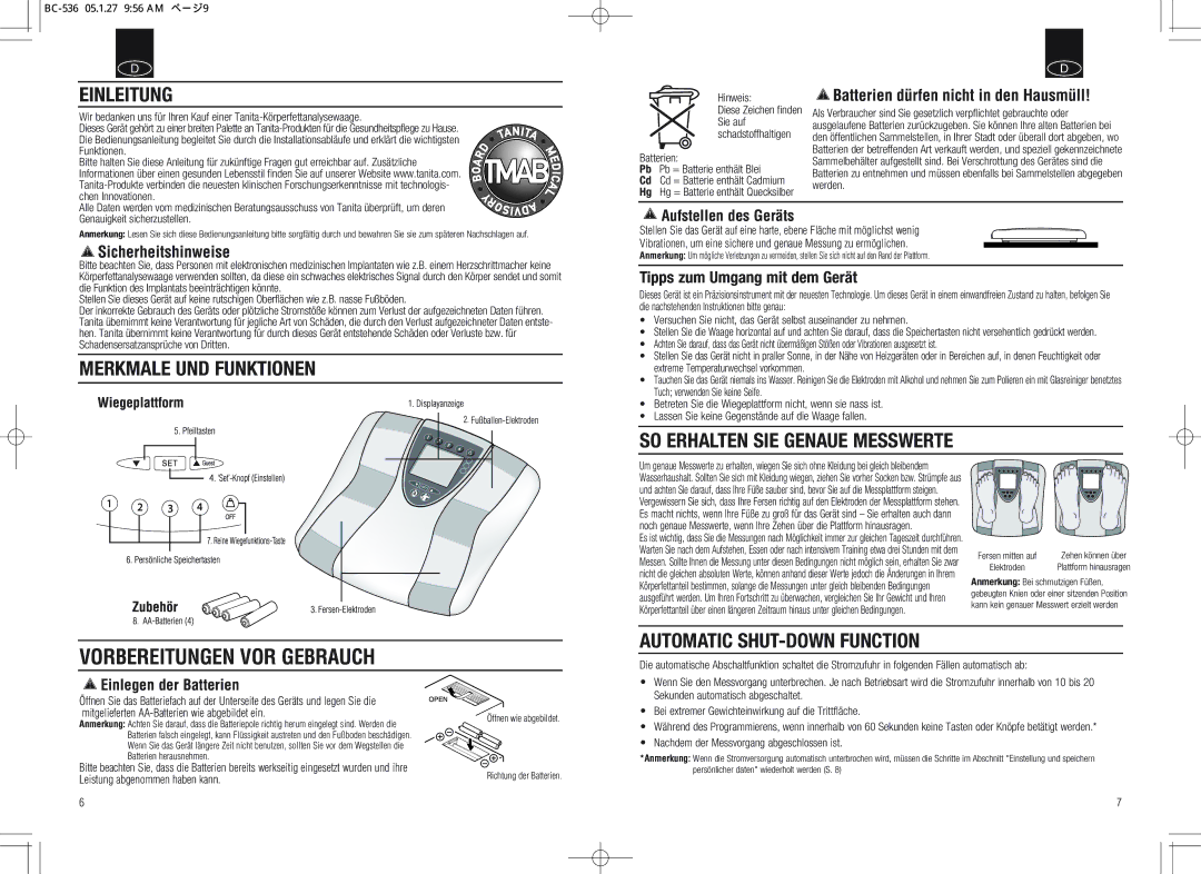 Tanita BC-536 Vorbereitungen VOR Gebrauch, Einleitung, Merkmale UND Funktionen, SO Erhalten SIE Genaue Messwerte 